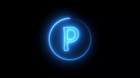 neon sign letter glowing with blue light. Glowing neon line in a circular path around the P alphabet.