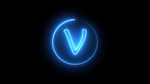 neon sign letter glowing with blue light. Glowing neon line in a circular path around the V alphabet.