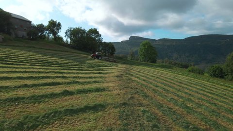 Agricultural Tractor With Hay Turner Attached Turning Grass For Silage Production In Norway. wide panning