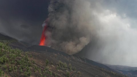 4K drone aerial shot of Cumbre Vieja Volcano Eruption In La Palma Canary Islands September 2021