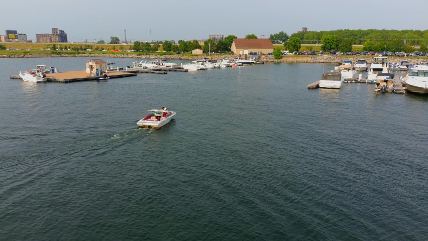 This video shows scenic aerial views of Erie Basin Marina in downtown Buffalo.  