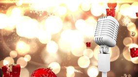Animation of vintage microphone with christmas presents falling. christmas, winter, tradition and celebration concept digitally generated video.