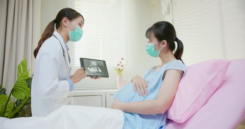 close up of asian pregnant woman lying in hospital ward wears face mask to prevent COVID19 has uterus utltrasonographic diagnosis - female doctor shows test results to patient on digital tablet