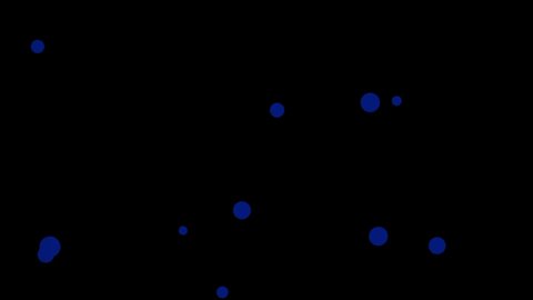 Digital animation of small blue circles representing bubbles,ing in space, isolated on black background.