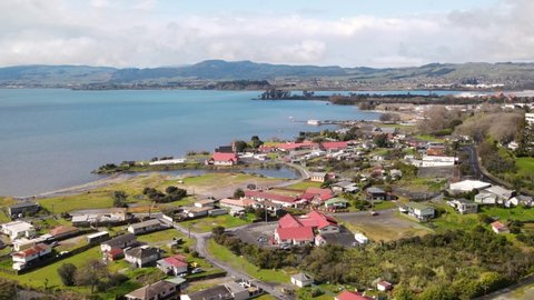 Beautiful birds eye view of Ohinemutu historic Maori village, Rotorua. Summer sunny day in New Zealand