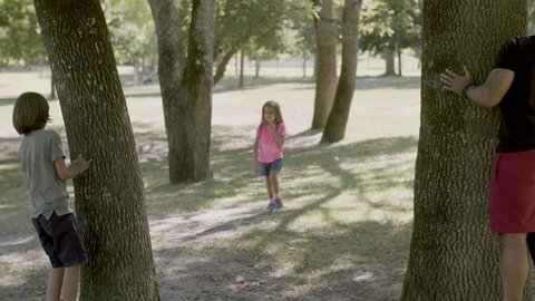 Long shot of family playing hide-and-seek in nature. Dad with disability hiding behind trees while little girl is looking for them. Disability, game, spending time together concept