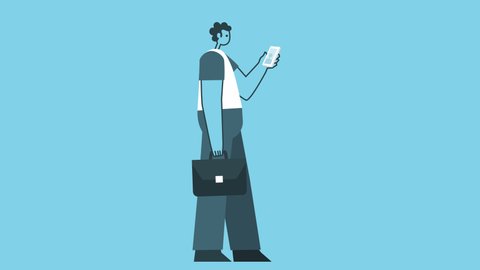 Cartoon Man with Briefcase Walking Cycle and Call Smartphone. Flat Design 2d Character Isolated Loop Animation