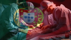Animation of flag of portugal waving over surgeons in operating theatre. global medicine, healthcare services during covid 19 pandemic concept digitally generated video. - Powered by Shutterstock - Get 15% off with code: PIKWIZARD15