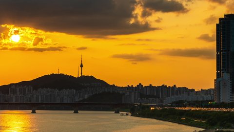 Time lapse 4K Sunset and capital of South Korea and viewpoint of Namsan Seoul Tower best landmark in Seoul,South Korea. September 26, 2021.