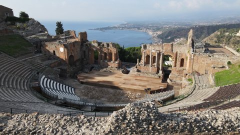 Stunning Aerial view of the Amphitheatre of Taormina, Sicily, Italy taken on sunny day.