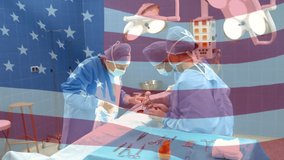 Animation of flag of usa waving over surgeons in operating theatre. global medicine, healthcare services during covid 19 pandemic concept digitally generated video.