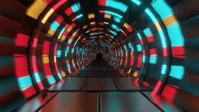 4K Video Animation Of Abstract Sci-Fi Colorful Neon Circular Shape   Tunnel With Glossy Floor Seamless Loop Motion Graphics.