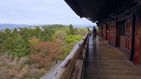 Kyoto, JAPAN - Apr 3 2021 : Pan left the view from the second story of the Nanzen-ji Sanmon at Nanzenji Temple. It is a headquarters of the Nanzen-ji branch of Rinzai Zen