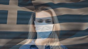 Animation of flag of greece waving over woman wearing face mask during covid 19 pandemic. global covid 19 pandemic concept digitally generated video.