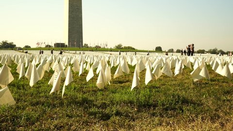 Washington DC USA 3rd Oct. 2021 : More Than 700,000 White Flags On The National Mall Honor Lives Lost To COVID · White flags stand near the Washington Monument in National Mall. USA