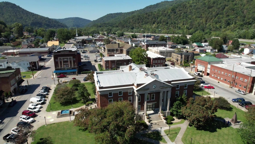 aerial push in to pineville kentucky in bell county kentucky