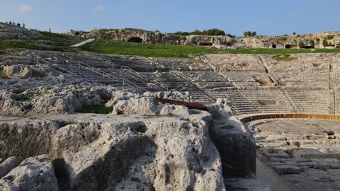Amazing Aerial shot of inside the Roman amphitheater of Syracuse Sicily, taken on summer 2021