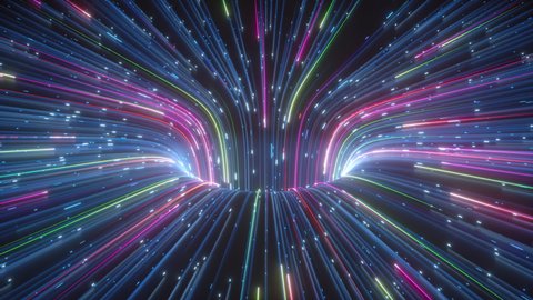 3d animation, abstract cosmic background with stream of neon lines sliding down into a hole and leaving glowing tracks. Colorful spectrum laser rays