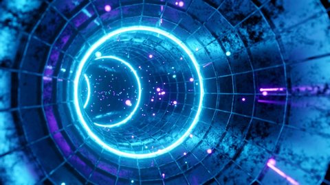 4K seamless loop motion graphics of flying into swirl circle digital tunnel with moving particles. 3D render animation. Sci-fi, VFX, Hadron Collider, cyberpunk motion background