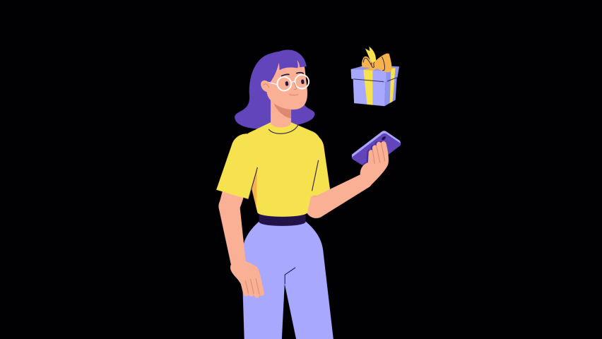 Girl character holding phone and present box pops up. 2d flat animation. Gift give away, Mobile Marketing, earning prizes, bonus or rewards from store. online present. alpha channel and luma matte | Shutterstock HD Video #1080239141