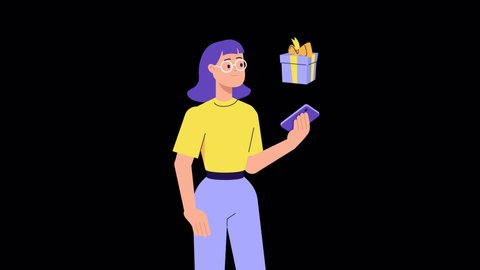 girl character holding phone and present box pops up. 2d flat animation. Gift give away, Mobile Marketing, earning prizes, bonus or rewards from store. online present. alpha channel and luma matte