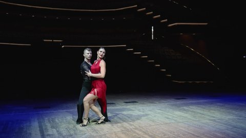 An elegant man is dancing with a woman on stage. A beautiful banal couple, she is in a red dress, he is in a black bodysuit.