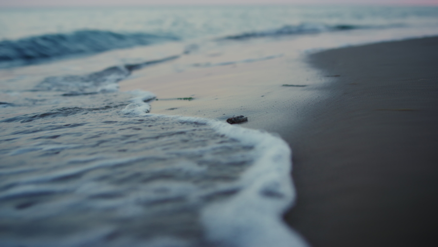 Evening seashore close up. Calm ocean water waves splashing sandy beach. Closeup small blue sea waves breaking sand beach at summer morning dawn in slow motion. Abstract nature background travel relax | Shutterstock HD Video #1080240995