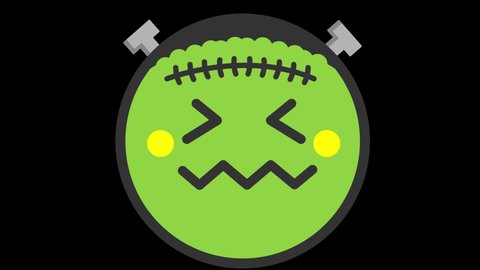 Yuck Frankenstein Face Flat Animated Emoji. Halloween Emoticon Isolated on Transparent Background with Alpha Channel Quicktime ProRes 4444. 4K Ultra HD Video Motion Graphic and Loop Animation.