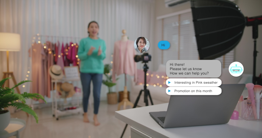 Cheerful SME owner vlogger live sell on Smart CRM martech B2C IOT app helping seller talk ask answer buy or advice data on AI bot outline chat speech bubble dialog screen. Sale shop website program. | Shutterstock HD Video #1080247316
