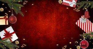 Animation of merry christmas and happy new year text with christmas decorations on red background. christmas, winter, tradition and celebration concept digitally generated video.