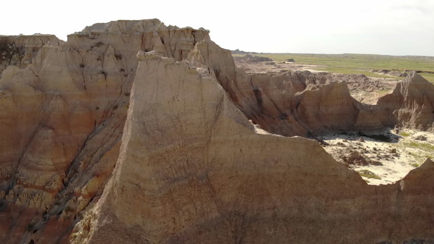 Drone Aerial View of Steep Sandstone Cliffs and Other Rock Formations, Badlands National Park, SOuth Dakota USA
