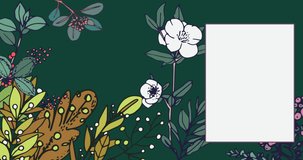 Animation of christmas greetings card with copy space with plants and flowers on green background. christmas, winter, tradition and celebration concept digitally generated video.