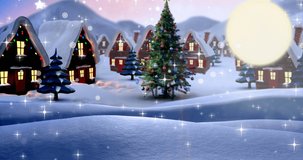 Animation of merry christmas text over winter landscape. christmas, winter, tradition and celebration concept digitally generated video.