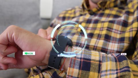 Animation of scope scanning over social media icons and man using smartwatch. global connections, data processing and digital interface concept digitally generated video.