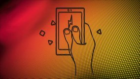 Animation of neon smartphone over red and orange background. video game, entertainment and digital interface concept digitally generated video.