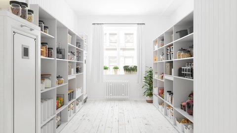 3d Rendering of Storage Room With Organised Pantry Items, Non-perishable Food Staples, Preserved Foods, Healty Eatings, Fruits And Vegetables.