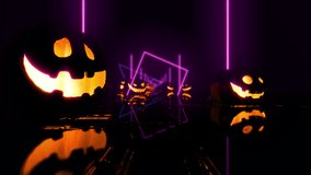 Halloween Background Glowing Pumpkins Loop.3D rendering. Halloween pumpkins with neon light and reflection ground on dark background seamless loop. - Powered by Shutterstock - Get 15% off with code: PIKWIZARD15