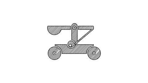 Black line Old medieval wooden catapult shooting stones icon isolated on white background. 4K Video motion graphic animation.