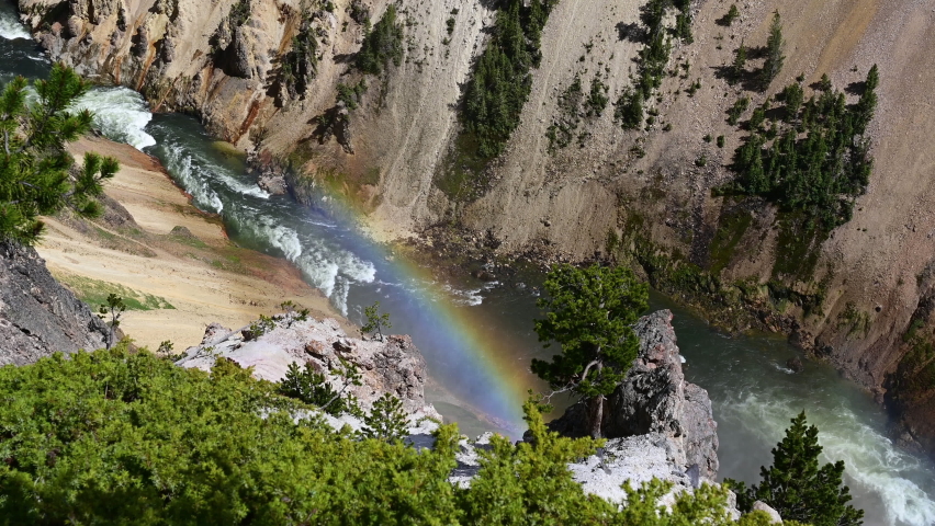 Rainbow Above River in Grand Canyon of Yellowstone National Park, Wyoming USA on Sunny Summer Day, High Angle View