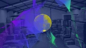 Animation of globe and digital interface with data processing over warehouse. global shipping, delivery, business, data processing and technology concept digitally generated video.