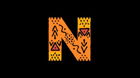Letter N. 4K, Transparent Alpha channel. Cartoon Animation, Shake twitch effect. Ethnic ornament, national folk pattern in letter. 3 colors. Capital Letter N for ABC education, erudition, game.