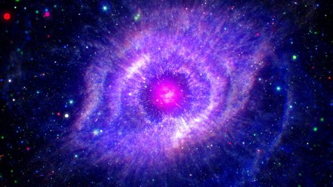 Loop Space travel deep space exploration travel to Helix Nebula also known as NGC 7293 or Caldwell 63 flicker glowing cloud energy. 4K 3D space exploration to Helix Nebula. Furnished by NASA image.
