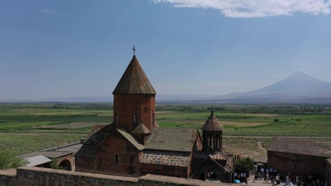 Aerial view Khor Virap monastery ion Armenia. In background Mount Ararat. Armenian monastery located in the Ararat plain.