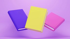 Mockup of bright colored flying books. Education concept. Minimal modern seamless motion design.