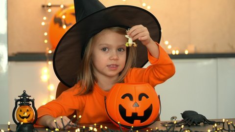 Happy child celebrats Halloween. Little girl in witch costume and black hat fun brews potion from spiders, snakes, frogs in pumpkin pot.