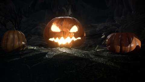 Spooky glowing pumpkins in a dark horror mystical forest. Halloween horror concept. The Halloween Background animation is perfect for Halloween, horror or apocalypse backgrounds.