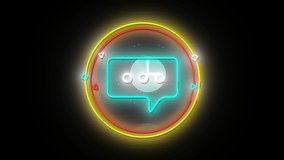 Animation of blue neon speech bubble in yellow and red rings, with data loading clock on black. communication, social media and digital interface concept digitally generated video. - Powered by Shutterstock - Get 15% off with code: PIKWIZARD15