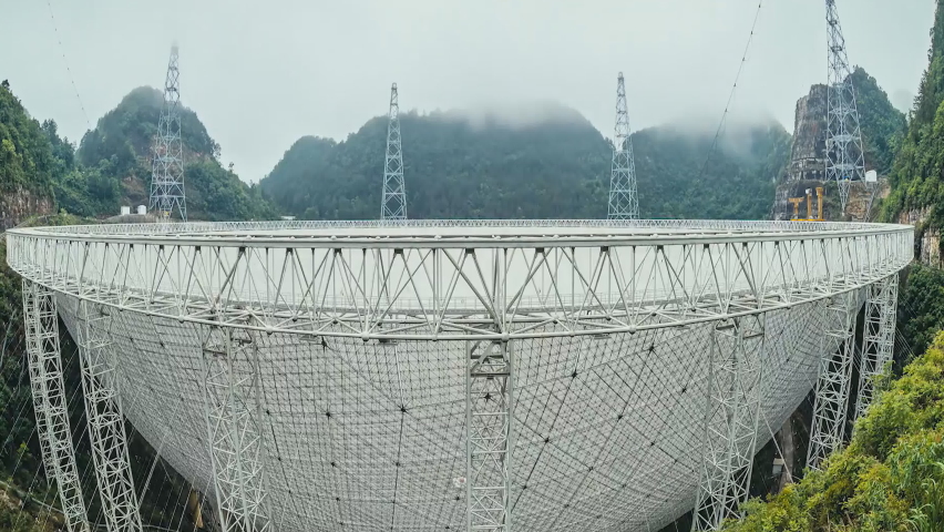 view of the largest telescope in the world. Spherical Telescope FAST Tianyan is as large as 30 football fields. Tianyang is a radio telescope in southern China in the province of Guizhou. (time-lapse) Royalty-Free Stock Footage #1080278510