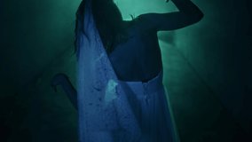 Dead walking zombie woman in dark corridor and mist close-up. Creepy bride wearing wedding dress with veil. Deceased fiancee returned to life. Horrible klip on halloween. Haunted house.  - Powered by Shutterstock - Get 15% off with code: PIKWIZARD15
