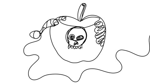 Self-drawing poisoned apple one line on a white background. A symbol of deception and temptation. Fruit eaten by a worm. 4k video with alpha channel. 